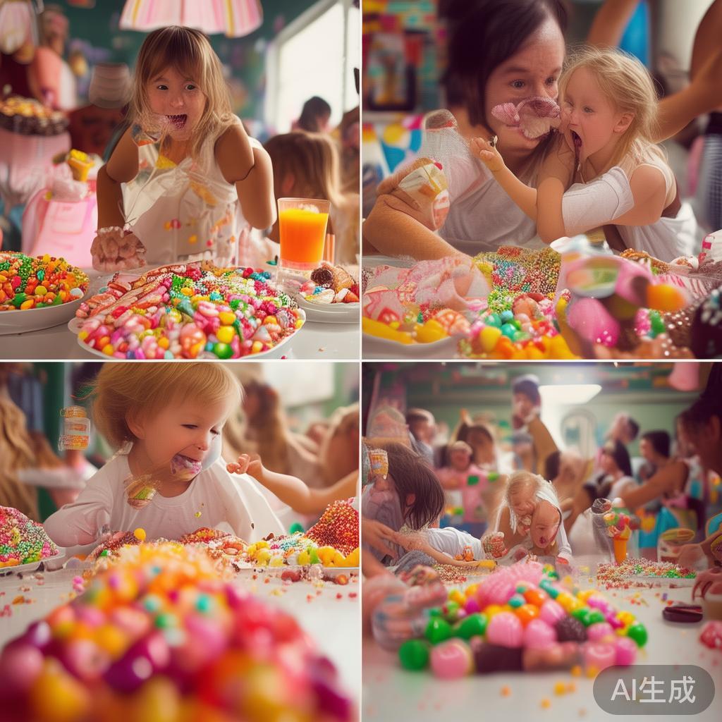 甜蜜爆笑时刻:糖果派对糖果趣味瞬间大集合 一个经典的糖果派对场景,是各类糖果比拼的趣味竞技。