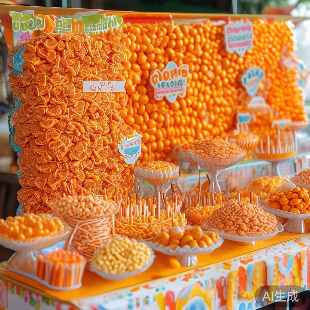 在糖果选择上，建议以多色橙色系为主，包括橙味软糖、